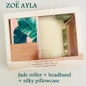 Zoe Ayla All in One Set of 3 Beauty Tools New Jade Roller Silky Pillowcase